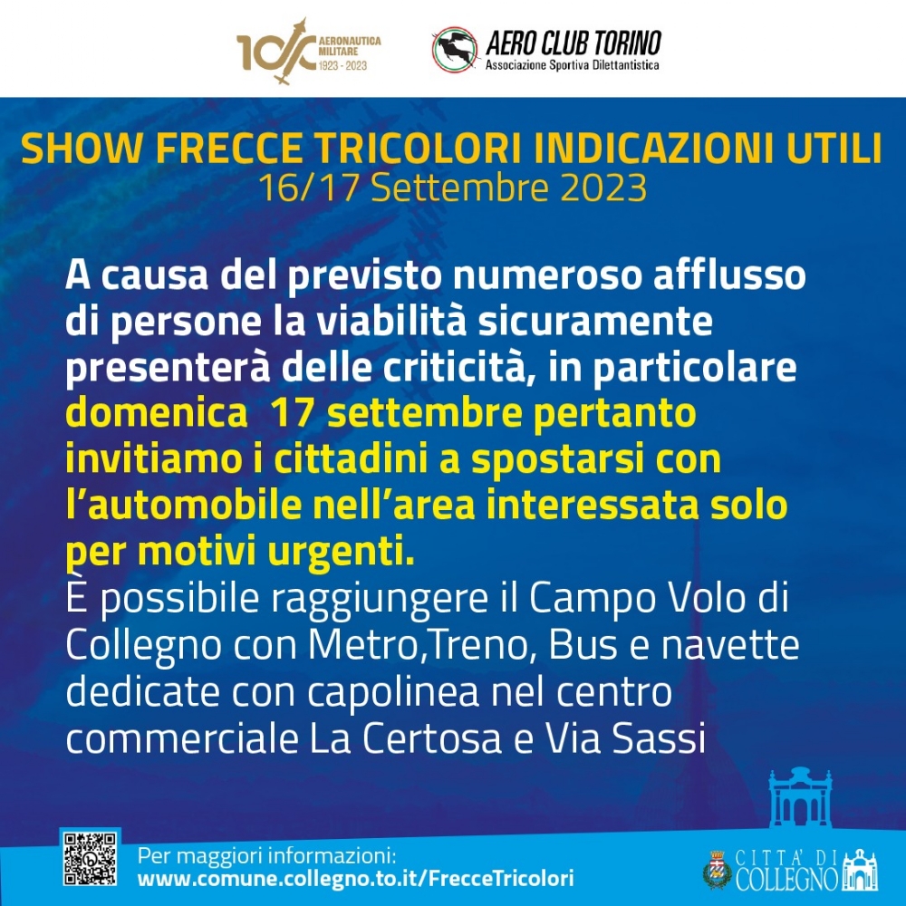 FRECCE TRICOLORI A COLLEGNO - Tutte le informazioni utili per sabato 16 e domenica 17 - FOTO